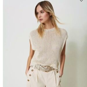 C & C California Crochet Knit Sweater Vest 70s Hippie Boho Coastal Beige Tan L